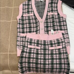 Zara Pink and Green Plaid Knit Vest and Skirt Set